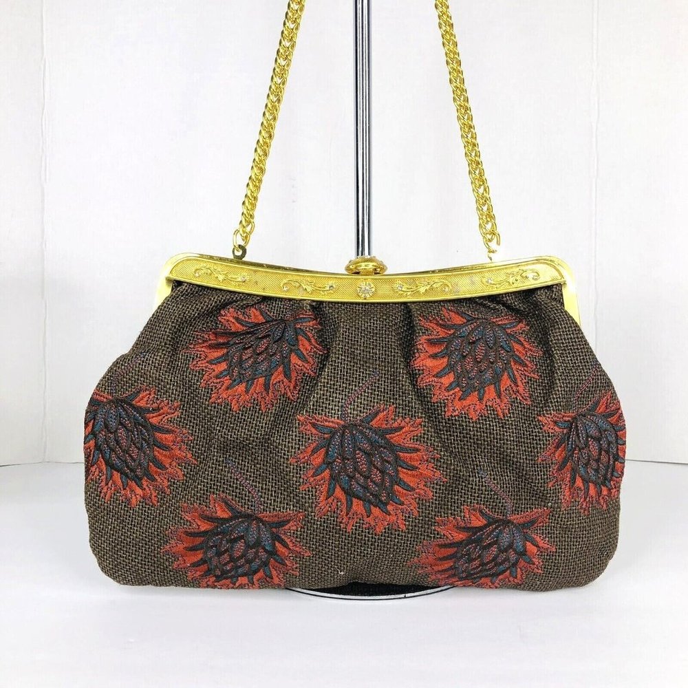LouLou de la Falaise Brown and Red Embroidered Gold Frame Clutch Purse Bag